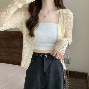Áo khoác cardigan len dệt kim dài tay cổ V vạt lượn sóng - NU9120