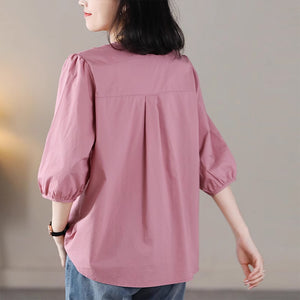 Áo sơ mi ngắn tay cổ V thêu ren xếp ly - NU8828