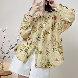 Áo sơ mi linen dài tay cổ cánh sen in hoa lá - A685
