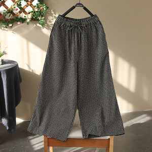 Quần baggy linen lưng thun kẻ caro ống rộng - NU9869