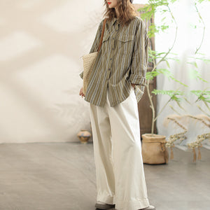 Áo sơ mi linen dài tay cổ đức kẻ sọc hai túi - NU9796