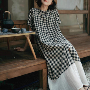 Đầm liền ngắn tay cổ đứng kẻ caro khuy cài - D081