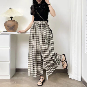 Quần baggy linen lưng thun ống rộng kẻ caro hai túi chéo - NU10159