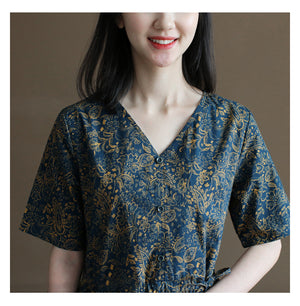 Đầm liền linen ngắn tay cổ V in hoa lá retro chiết eo - NU10033