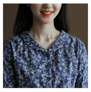 Đầm liền linen ngắn tay cổ pipi in hoa lá chiết eo - NU10022