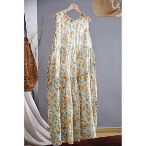 Đầm liền linen sát nách cổ tròn in hoa lá - NU8967