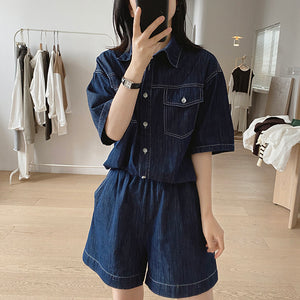 Bộ đồ denim gồm quần sooc và áo sơ mi ngắn tay cổ đức - NU8682