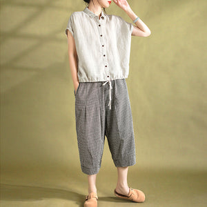 Quần baggy linen lửng lưng thun kẻ caro - NU10125