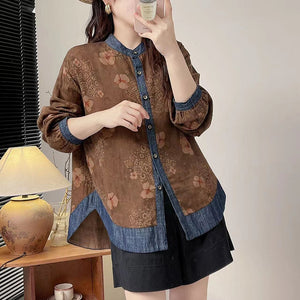Áo sơ mi dài tay cổ đứng in hoa lá retro phối denim - NU9646
