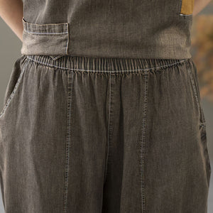 Bộ đồ denim gồm áo T-shirt ngắn tay cổ V và quần baggy thêu ô vuông - NU10176