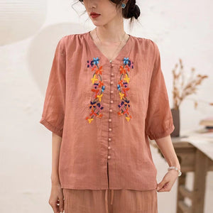 Áo sơ mi linen ngắn tay cổ V thêu hoa lá khuy tròn - NU10059