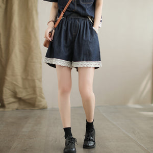 Bộ đồ denim gồm áo sơ mi ngắn tay và quần sooc phối ren - B019