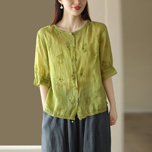 Áo sơ mi linen ngắn tay cổ tròn thêu hoa lá đồng màu - NU9850