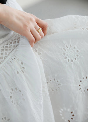 Chân váy linen lưng thun thêu retro hai lớp  - NU10077