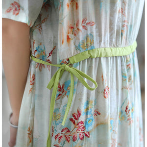 Đầm liền linen ngắn tay cổ tròn eo kiểu thắt dây - D047