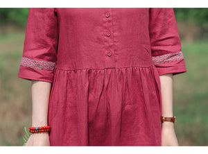 Đầm liền linen dài tay cổ tròn viền in hoa retro - NU9547