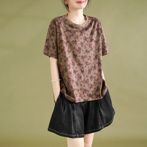 Áo T-shirt dệt kim ngắn tay cổ tròn in hoa lá - NU9852