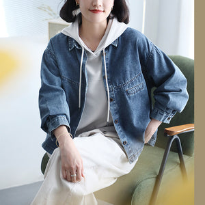 Áo khoác denim dài tay cổ đức một túi ngang nhỏ - A057