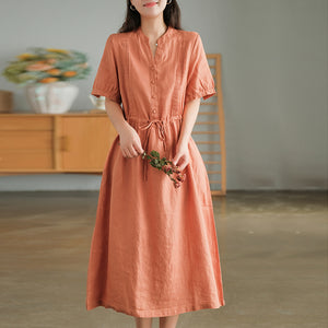 Đầm liền linen ngắn tay cổ V xếp ly đối xứng - NU8686