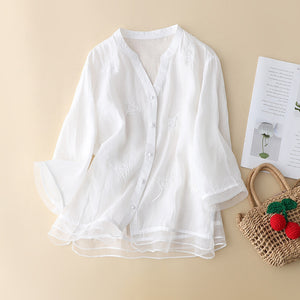 Áo sơ mi linen ngắn tay cổ V thêu hoa lá vạt kiểu xếp ren - NU8692