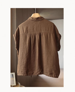Áo sơ mi linen sát nách cổ đức đơn sắc vạt dây rút - NU8980