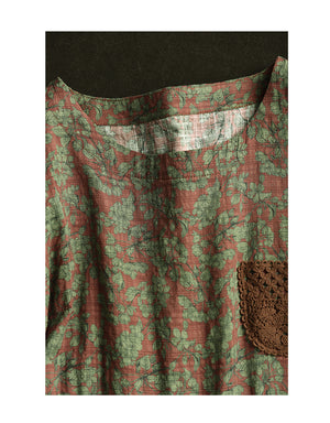 Đầm liền linen ngắn tay cổ tròn một túi ren eo cột dây - D007