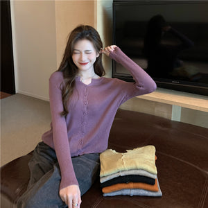 Áo khoác len tăm cardigan dài tay cổ tròn xẻ V - A164