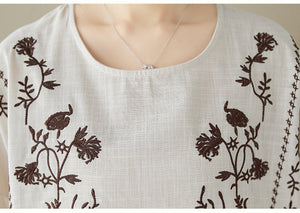 Áo T-shirt linen ngắn tay cổ tròn thêu đối xứng - NU9093