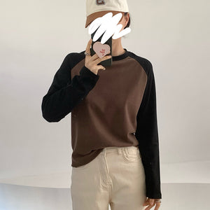 Áo T-shirt dài tay phối lệch màu cổ tròn - NU9582