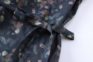 Đầm liền linen ngắn tay cổ tròn in những chiếc lá - NU9900