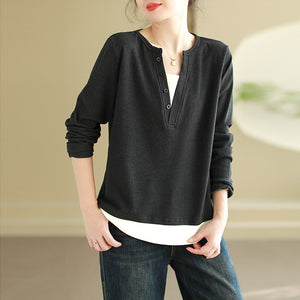 Áo T-shirt dài tay cổ V đính khuy kiểu hai lớp - NU9578