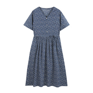 Đầm liền linen ngắn tay cổ V in hoa liti ba khuy - NU10024