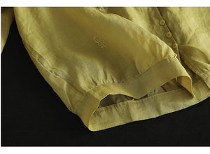 Áo sơ mi linen tay lửng cổ V thêu hoa văn retro - NU9770