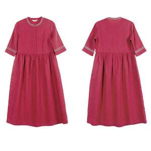 Đầm liền linen dài tay cổ tròn viền in hoa retro - NU9547