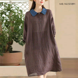 Đầm liền linen ngắn tay cổ cánh sen kẻ caro - NU10189