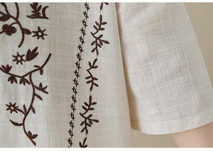 Áo T-shirt linen ngắn tay cổ tròn thêu đối xứng - NU9093