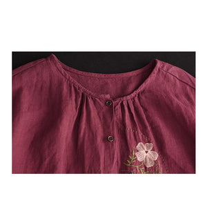 Áo sơ mi linen ngắn tay cổ tròn thêu hoa lá lệch - NU8949
