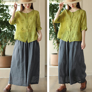 Áo sơ mi linen ngắn tay cổ tròn thêu hoa lá đồng màu - NU9850