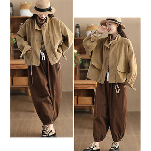 Áo khoác nhung retro dài tay cổ đứng dây rút - NU9557