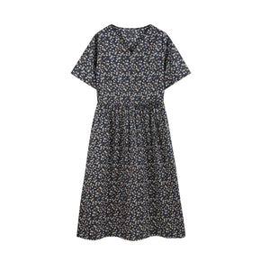Đầm liền linen ngắn tay cổ V in những chiếc lá sắc màu - NU10019