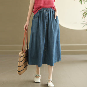 Chân váy denim lưng thun đính khuy đôi túi sau - NU10270