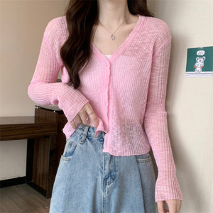 Áo khoác cardigan len dệt kim dài tay cổ V vạt lượn sóng - NU9120