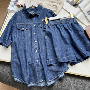 Bộ đồ denim gồm quần sooc và áo sơ mi ngắn tay cổ đức - NU8682