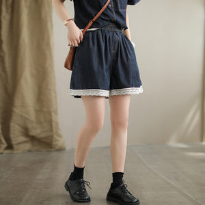 Bộ đồ denim gồm áo sơ mi ngắn tay và quần sooc phối ren - B019