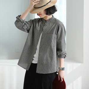 Áo sơ mi linen dài tay cổ đứng kẻ sọc caro - NU9837