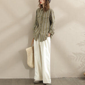 Áo sơ mi linen dài tay cổ đức kẻ sọc hai túi - NU9796