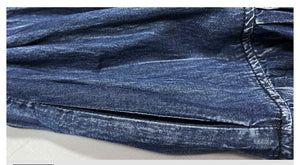 Đầm liền denim tay lửng cổ tròn thêu hoa lá retro eo thắt dây - NU9366