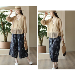 Áo khoác linen cardigan dệt kim dài tay cổ V - NU8837