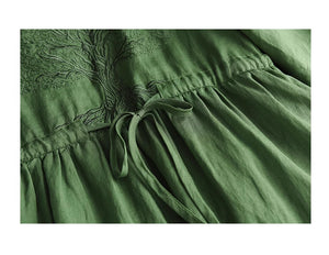 Đầm liền linen ngắn tay cổ tròn thêu cây đa eo thắt dây - NU8970