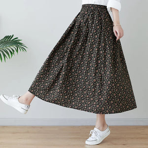 Chân váy linen retro lưng thun túi chéo in hoa liti - V012